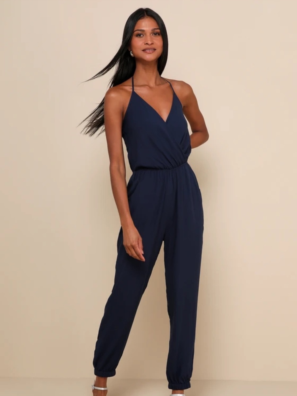 Lulus Women's Navy Blue Learning To Fly Halter Jumpsuit Elastic Cuffs Size S